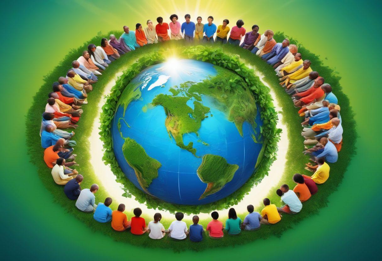 A vibrant globe surrounded by diverse people of various cultures joyfully collaborating on creative solutions. Lush greenery symbolizing growth and sustainability, with rays of sunlight shining through to represent hope and happiness. Include elements that represent different global initiatives such as clean energy, education, and health. Bright colors that evoke positivity and warmth. super-realistic. vibrant colors.