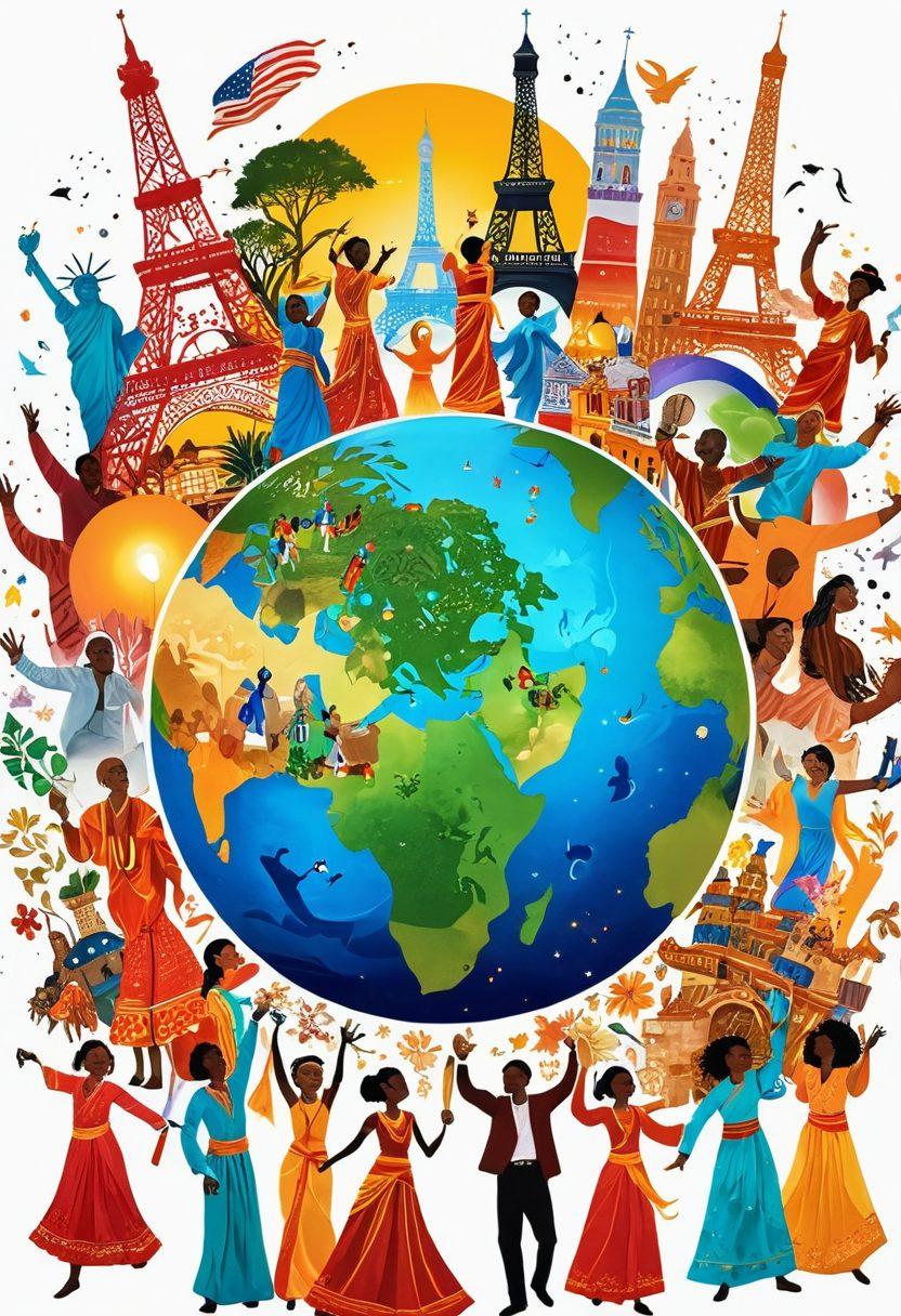 A mesmerizing collage of diverse cultural elements intertwined, featuring people of various ethnicities sharing joyous moments, symbols of global unity like the Earth illuminated by colorful lights, and vibrant traditional attire. The background should depict iconic landmarks from around the world, creating a harmonious blend. super-realistic. vibrant colors. white background.