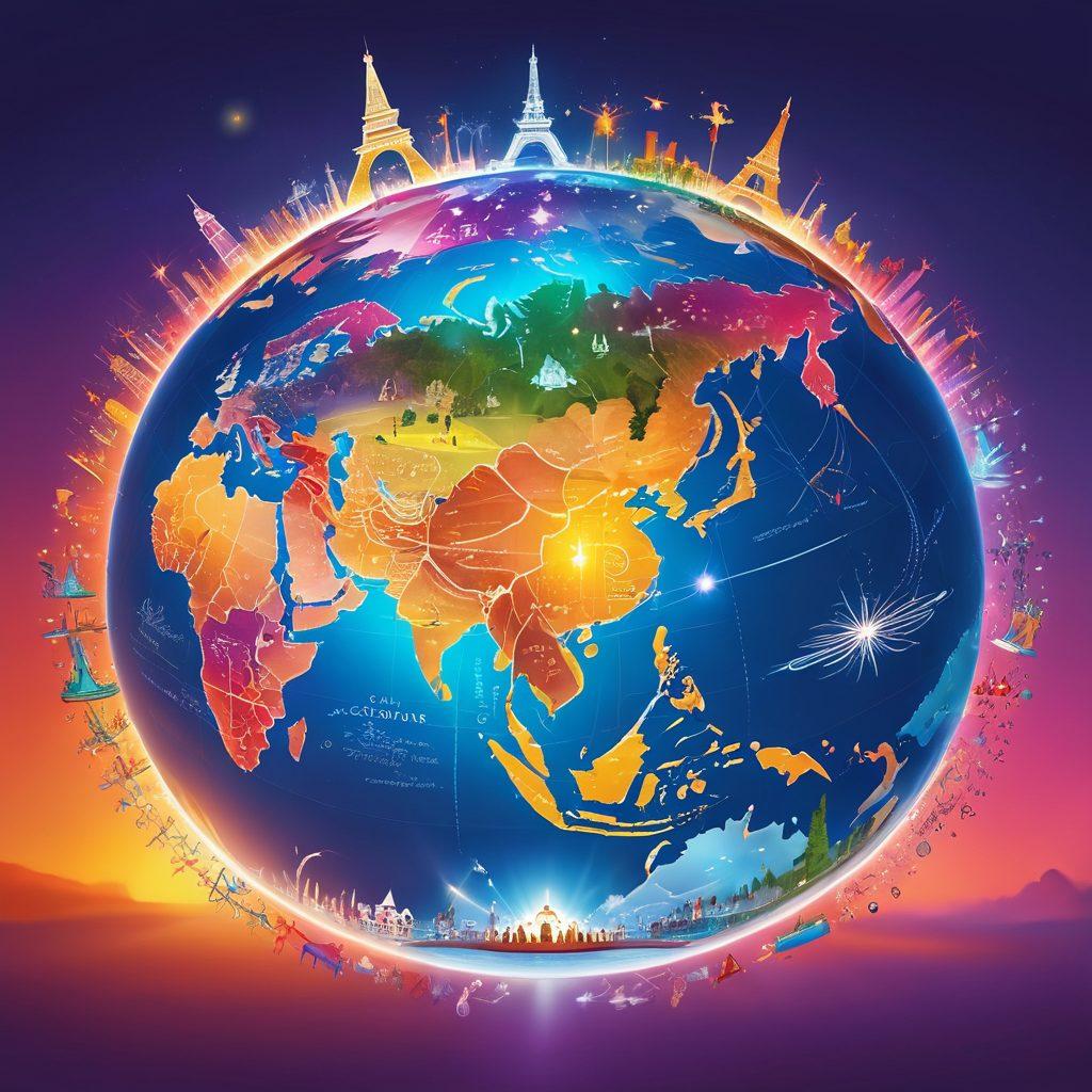 A global map outlined with colorful paths of light connecting various landmarks symbolizing happiness, like a joyful child, a serene sunset, and a vibrant festival. Surround the map with diverse people holding hands, each expressing joy in their unique cultural attire. Bright, glowing elements symbolize ideas transforming into experiences. surreal and vibrant colors. 3D style.